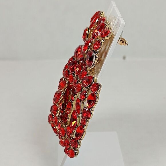 Gold Tone Metal Red Plastic Rhinestone Opulent Chandelier Earrings Square Drop - Picture 12 of 16